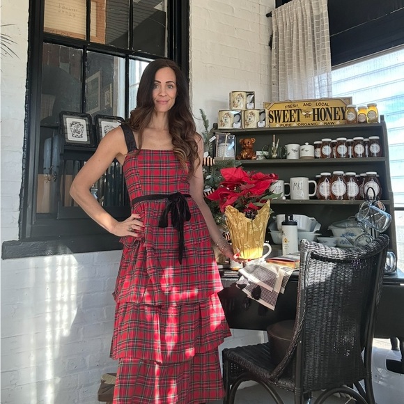 SUGARLIPS ELEGANCE DEFINED 100% COTTON RED PLAID TIERED MIDI DRESS - Picture 12 of 16